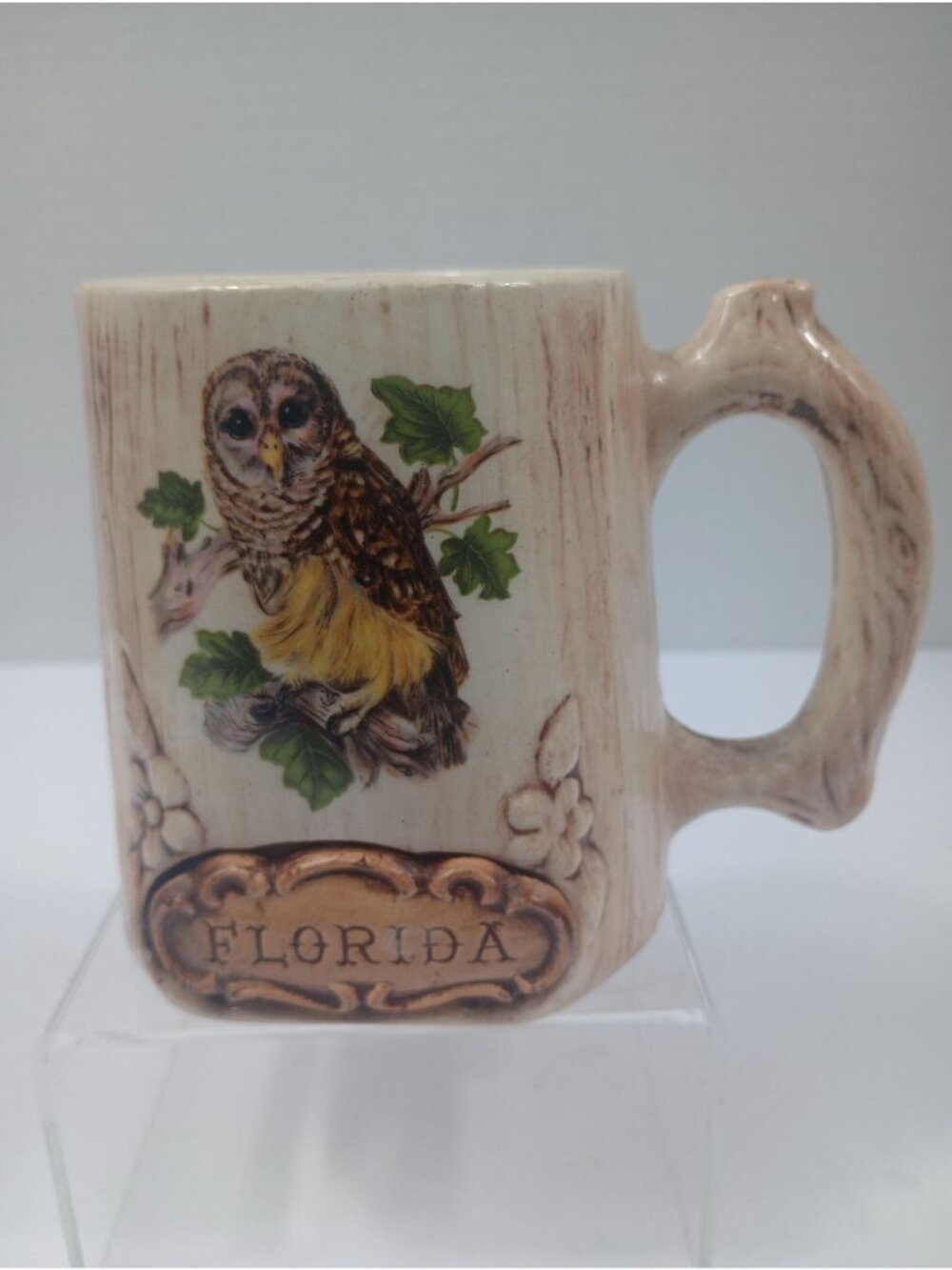 Vintage Treasure Craft "Florida" Faux Wood Grain With Owl 1960s Coffee Mug